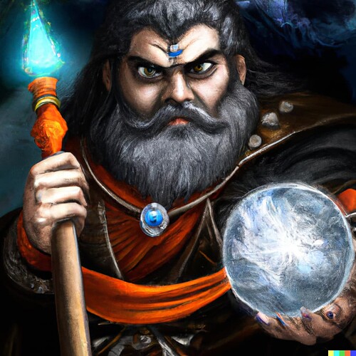 DALL·E 2022-07-27 04.46.35 - A realistic picture of King Hamanu of Urik holding a magical staff with an obsidian orb.