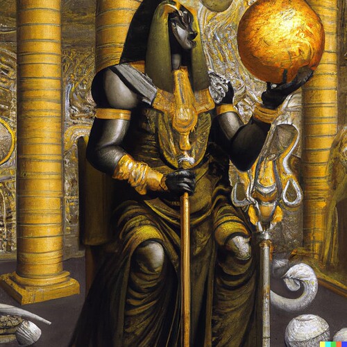 DALL·E 2022-07-27 05.32.24 - Babylonian emperor sorcerer holding a staff with an obsidian orb in an opulent throne room