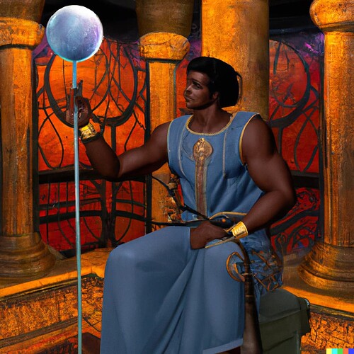 DALL·E 2022-07-27 05.33.00 - Babylonian emperor sorcerer holding a staff with an obsidian orb in an opulent throne room