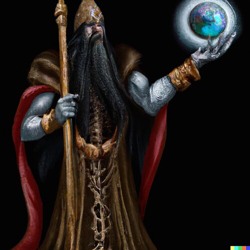 DALL·E 2022-07-27 04.46.22 - A realistic picture of King Hamanu of Urik holding a magical staff with an obsidian orb.