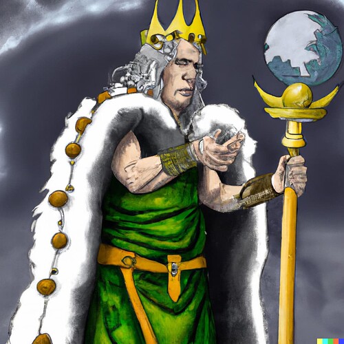 DALL·E 2022-07-27 04.46.16 - A realistic picture of King Hamanu of Urik holding a magical staff with an obsidian orb.