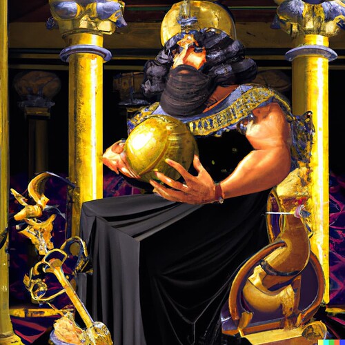 DALL·E 2022-07-27 05.32.37 - Babylonian emperor sorcerer holding a staff with an obsidian orb in an opulent throne room